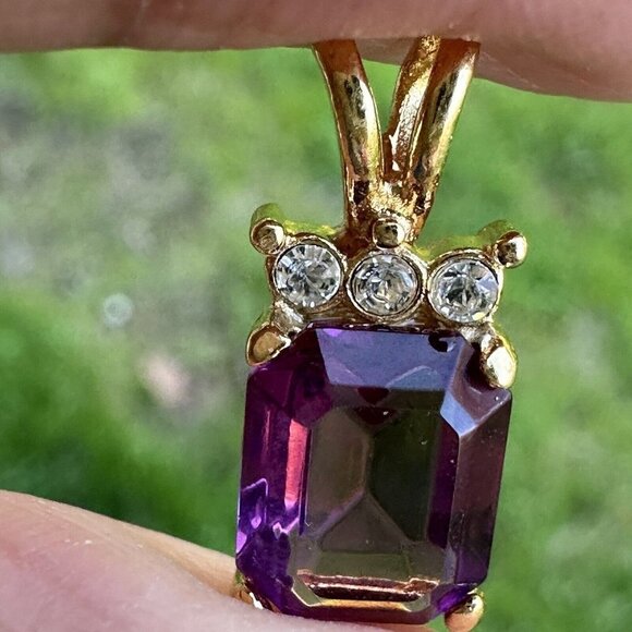 Vintage Purple Gem Slide Pendant Charm 0.75" Rhinestones Metal Gold Tone Prong - Picture 3 of 5